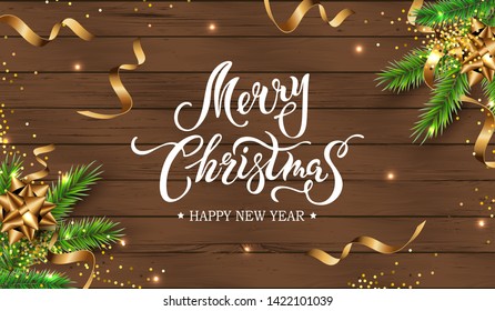 Merry Christmas and Happy New Year card. Festive background with christmas tree, confetti on dark wood textured background. Place for text. Handwriting lettering Merry Christmas. Vector illustration