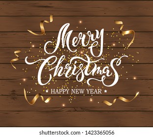Merry Christmas and Happy New Year card. Festive background with confetti on wood textured background. Place for text. Handwriting lettering Merry Christmas isolated on background. Vector illustration