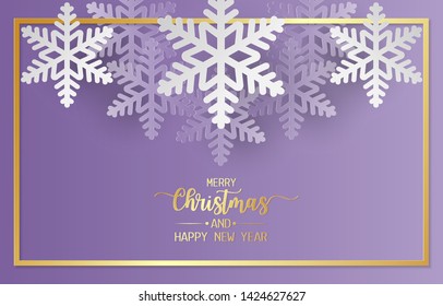 Merry christmas and happy new year greeting card, postcard with snowflake on purple background. Paper art style