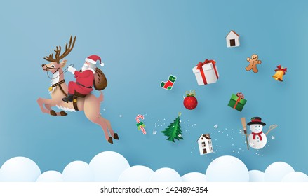 Merry Christmas and Happy New Year with Santa Claus and reindeer, paper cut .
