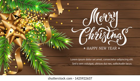 Merry Christmas and Happy New Year card. Festive background with christmas tree, confetti on dark wood textured background. Place for text. Handwriting lettering Merry Christmas. Vector illustration