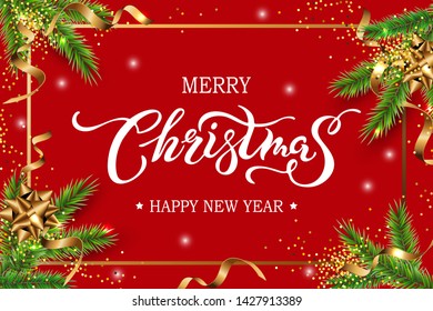 Merry Christmas, Happy New year card with fir-tree and golden streamer. Handwriting lettering Merry Christmas as logo, headline isolated on red background. Place for text. Vector illustration.