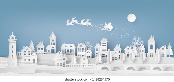 Merry Christmas and Happy New Year. Illustration of Santa Claus on the sky coming to City ,paper art and cut  style