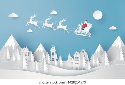 Merry Christmas and Happy New Year. Illustration of Santa Claus on the sky coming to City ,paper art and cut  style