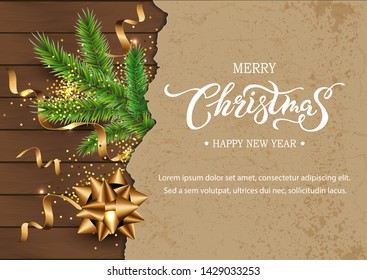 Merry Christmas and Happy New Year card with christmas tree, golden ribbon, confetti on wood textured background with paper sheet. Place for text. Handwriting lettering Christmas. Vector illustration.