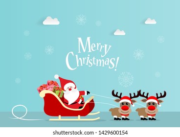 Merry Christmas and happy new year with cute Santa Claus and Reindeer go to give gifts to children.  Holidays cartoon character vector.