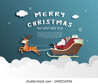 Merry Christmas and Happy new year greeting card in paper cut style. Vector illustration Christmas celebration background. Banner, flyer, poster, wallpaper, template.