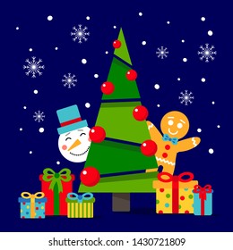 Merry Christmas and Happy New Year greeting card  with cute xmas tree,balls,gifts,snowman,gingerbread man and snowflakes.Vector illustration.Template for design,invitation.Flat Style