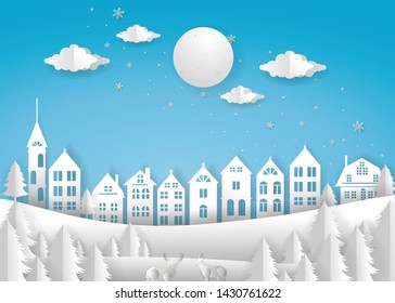 Merry Christmas and Happy New Year. Illustration of City, paper art and cut style