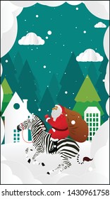 Merry Christmas and Happy New Year with Santa Claus and zebra, paper cut.