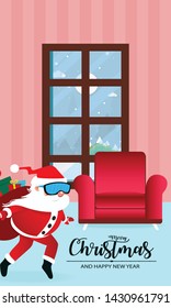 Merry Christmas and Happy New Year with Santa Claus, living room entry Santa Claus with surprise gift vector.- paper cut 