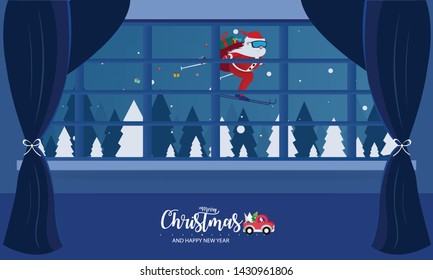 Merry Christmas and Happy New Year. Christmas window view with Santa Claus flying over snow hills background, paper art and digital craft style