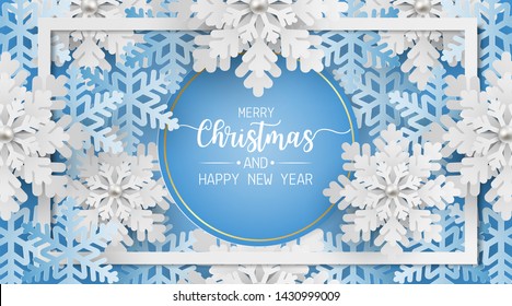 Merry christmas and happy new year greeting card, postcard with snowflake on blue background. Paper art style