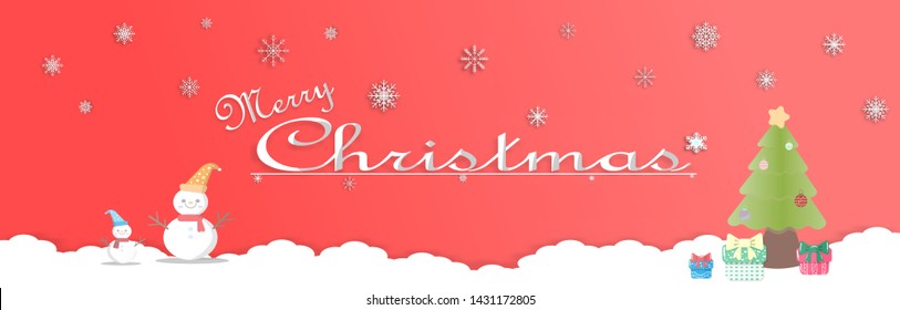 Merry Christmas and Happy New Year Postcard or Poster panorama view with snowflakes, snowman,christ tree and gift box - Vector