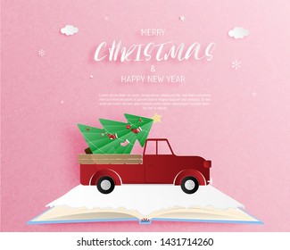 Merry Christmas and Happy new year greeting card in paper cut style. Vector illustration Christmas celebration background. Brochure, flyer, banner template.