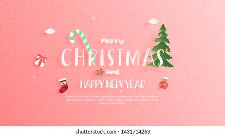 Merry Christmas and Happy new year greeting card in paper cut style. Vector illustration Christmas celebration background. Brochure, flyer, banner template.