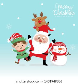 Merry Christmas and happy new year greeting card with Santa Claus, deer, snowman and little elf. Cute holiday cartoon character vector.