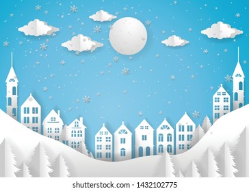 Merry Christmas and Happy New Year. Illustration of City, paper art and craft style