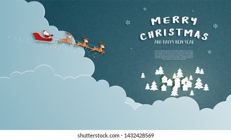 Merry Christmas and Happy new year greeting card in paper cut style. Vector illustration Christmas celebration background. Design for banner, flyer, poster, wallpaper, template.