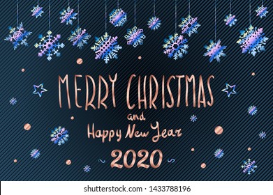 Merry Christmas and Happy New Year 2020 year blue snowflakes glittering lettering design. Vector illustration EPS10