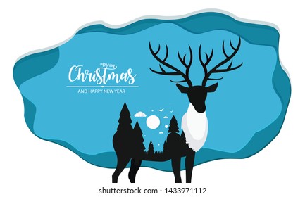 Merry Christmas and Happy New Year with Deer, paper cut.