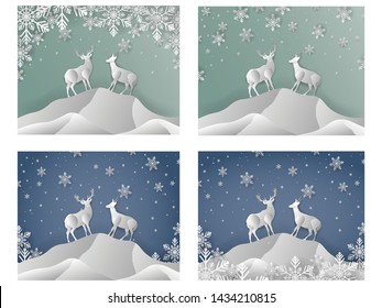merry christmas and happy new year, winter with pieces of snow and deer, paper art