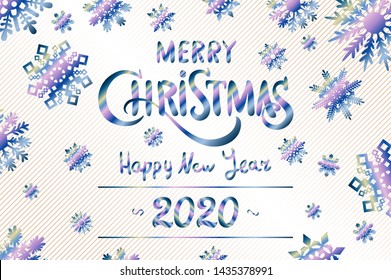 Merry Christmas and Happy New Year 2020 year blue snowflakes glittering lettering design. Vector illustration EPS10