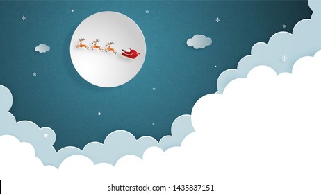 Merry Christmas and Happy new year greeting card in paper cut style. Vector illustration Christmas celebration background with Santa Claus and reindeer. Banner, flyer, poster, wallpaper, template.