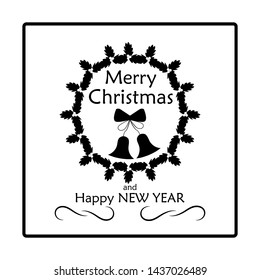 Merry Christmas and Happy New Year lettering on black wreath. Fashion graphic background design. Modern holiday card. Monochrome template for prints, card, poster, border etc. Vector illustration