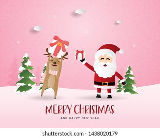 Merry Christmas and Happy new year greeting card in paper cut style. Vector illustration Christmas celebration background with Happy reindeer and Santa. Banner, flyer, poster, wallpaper, template.