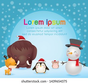 Merry Christmas and Happy New Year. Christmas Cute Animals Character. mammoth, Penguin, Reindeer, rat, Snowman, Winter landscape. Template for advertising brochure, your text, vector Illustration
