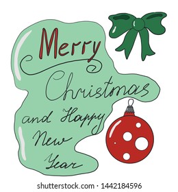Merry Christmas and Happy New Year. A green bow and red Christmas toy. 