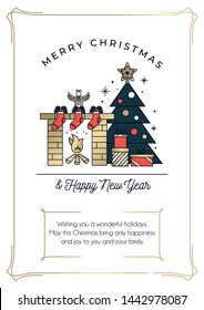 Merry Christmas and happy New Year greeting card with linear Christmas tree, presents and fireplace. Minimalistic greeting card with season's greetings objects.Vector illustration