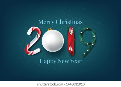Merry Christmas and Happy New Year 2019 greeting card on wood background