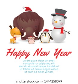 Merry Christmas and Happy New Year. Christmas Cute Animals Character. mammoth, Penguin, Reindeer, rat, Snowman. Template for advertising brochure, your text, vector Illustration