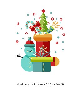 Merry Christmas and Happy New Year card vector illustration. Design element isolated on white background. Great for flyer, decoration, postcard, banner, poster. Flat and line style design.