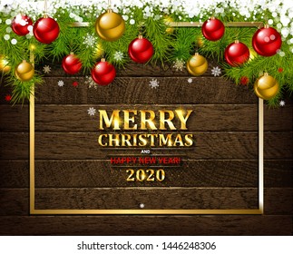 Merry Christmas and happy New year 2020. Gold lettering on vintage wooden background. Vector illustration