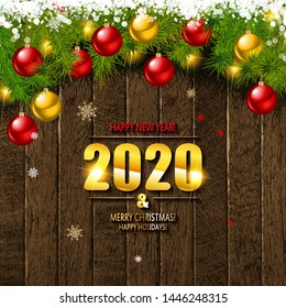 Merry Christmas and happy New year 2020. Gold lettering on vintage wooden background. Vector illustration