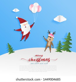 Merry Christmas and Happy new year greeting card in paper cut style. Vector illustration Christmas celebration background with Santa Claus and reindeer. Banner, flyer, poster, wallpaper, template.