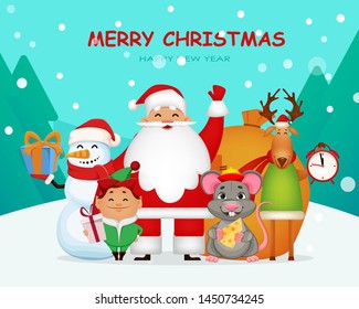 Merry Christmas and Happy New Year greeting card with Santa Claus, rat, deer, snowman and elf. Vector illustration