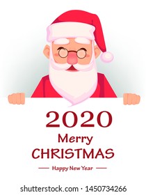 Merry Christmas and Happy New Year greeting card. Funny Santa Claus cartoon character stands behind placard with greetings. Vector illustration