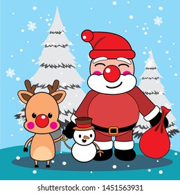 Merry christmas and happy new year,
Santa clause and cute deer with snowman in winter costume