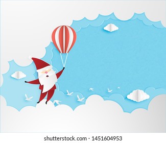 Merry Christmas and Happy new year greeting card in paper cut style. Vector illustration Christmas celebration with travel Santa Claus in the sky. Banner, flyer, poster, wallpaper, template.