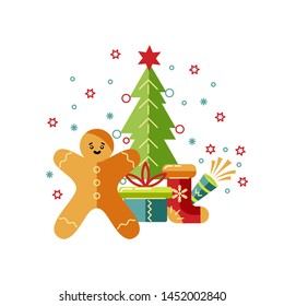 Merry Christmas and Happy New Year card vector illustration. Design element isolated on white background. Great for flyer, decoration, postcard, banner, poster. Flat and line style design.