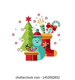 Merry Christmas and Happy New Year card vector illustration. Design element isolated on white background. Great for flyer, decoration, postcard, banner, poster. Flat and line style design.