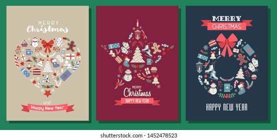 Merry Christmas and Happy New Year greeting cards with winter holiday icons stylized in heart, star and wreath shape. Xmas posters or New Year party invitation postcards in vintage style.