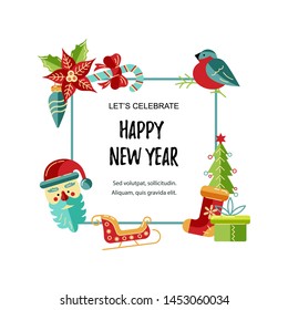 Merry Christmas and Happy New Year card vector illustration. Place for text. Great for New Year party invitation, christmas fair, flyer, banner, poster. Flat and line style design.