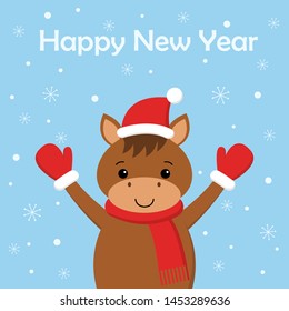 Merry Christmas and Happy New Year card with funny horse