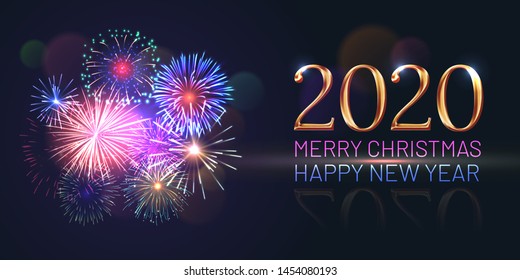 Merry Christmas and Happy New Year greeting banner with realistic multicolor fireworks. Brightly shining fireworks flash on dark background. Traditional winter holiday banner vector illustration.