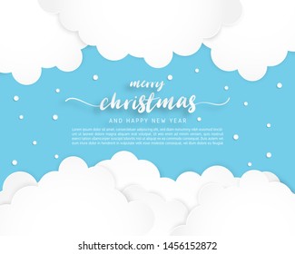 Merry Christmas and Happy new year greeting card in paper cut style. Vector illustration Christmas celebration background with clouds and snowflakes in sky. Banner, flyer, poster, wallpaper, template.
